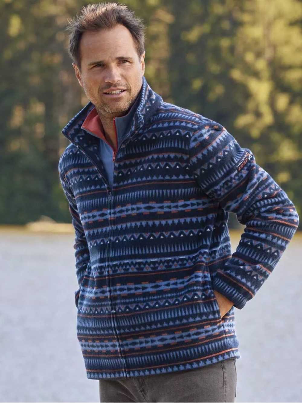 Men's Navy Patterned Full-Zip Fleece Jacket with Zip Pockets